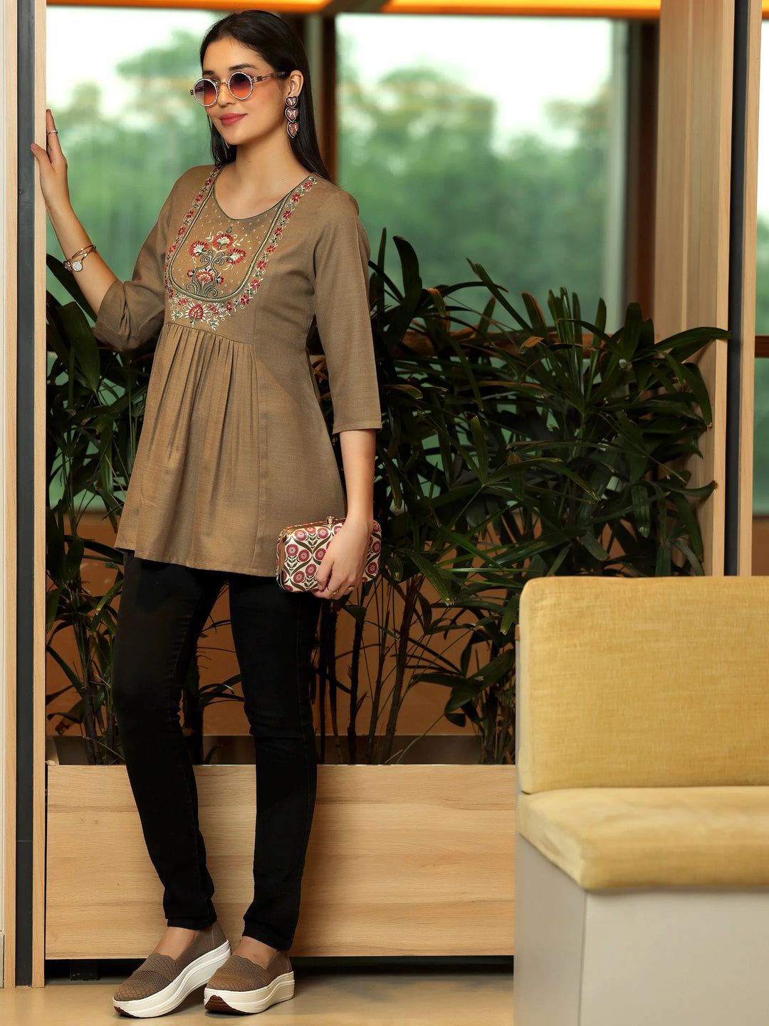  Brown Yoke Design Cotton Blend A-Line Kurti 
