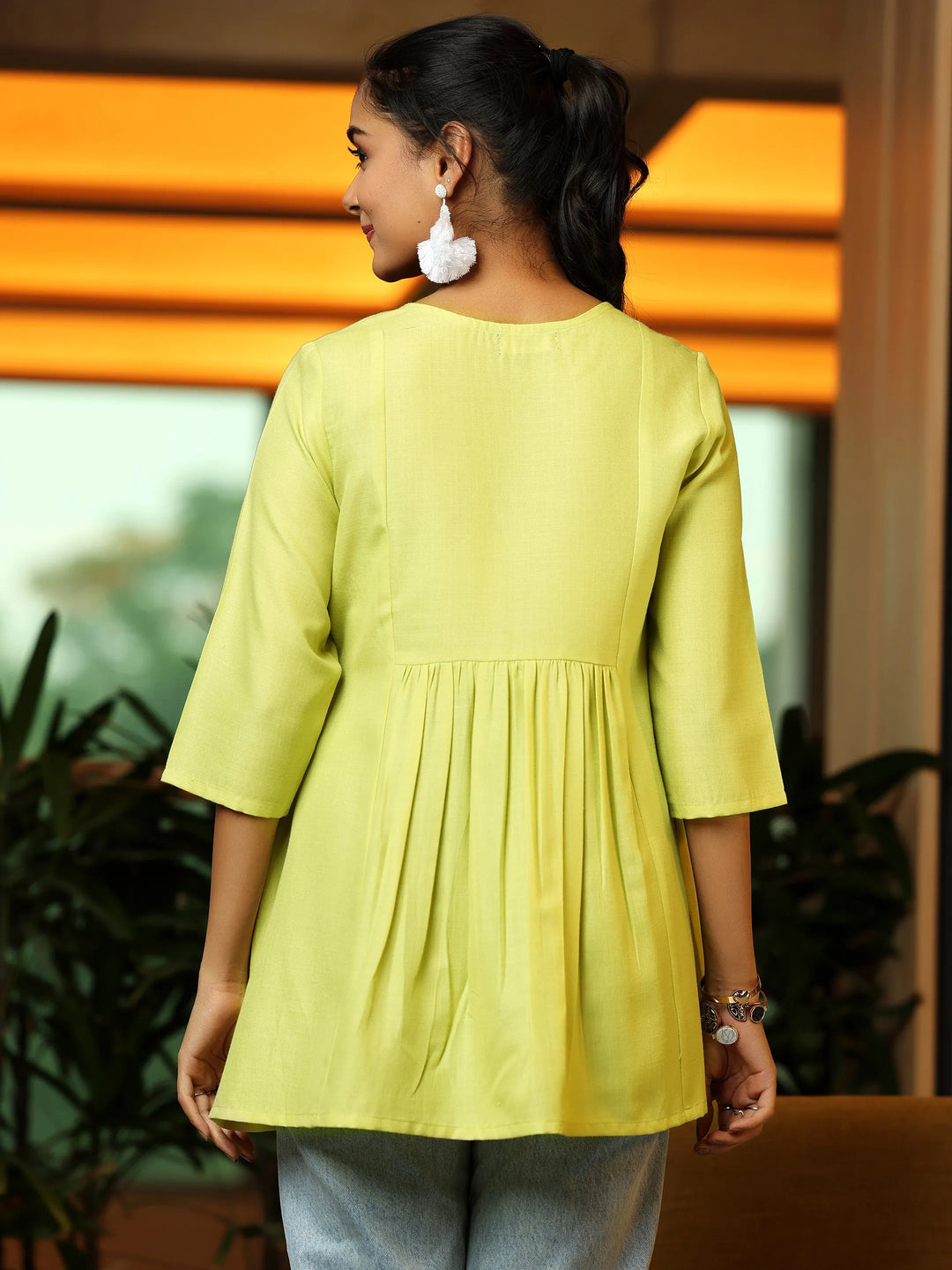  Lime Yoke Design Cotton Blend A-Line Kurti 