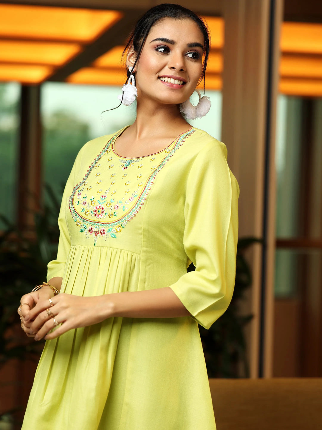  Lime Yoke Design Cotton Blend A-Line Kurti 