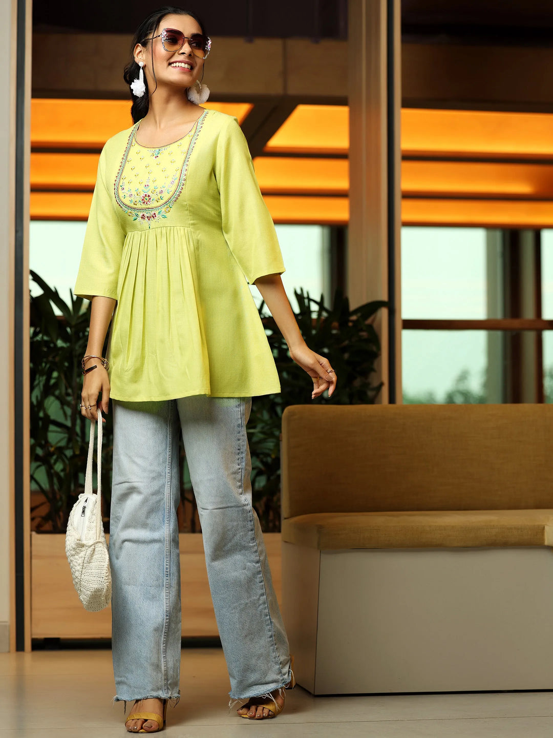  Lime Yoke Design Cotton Blend A-Line Kurti 