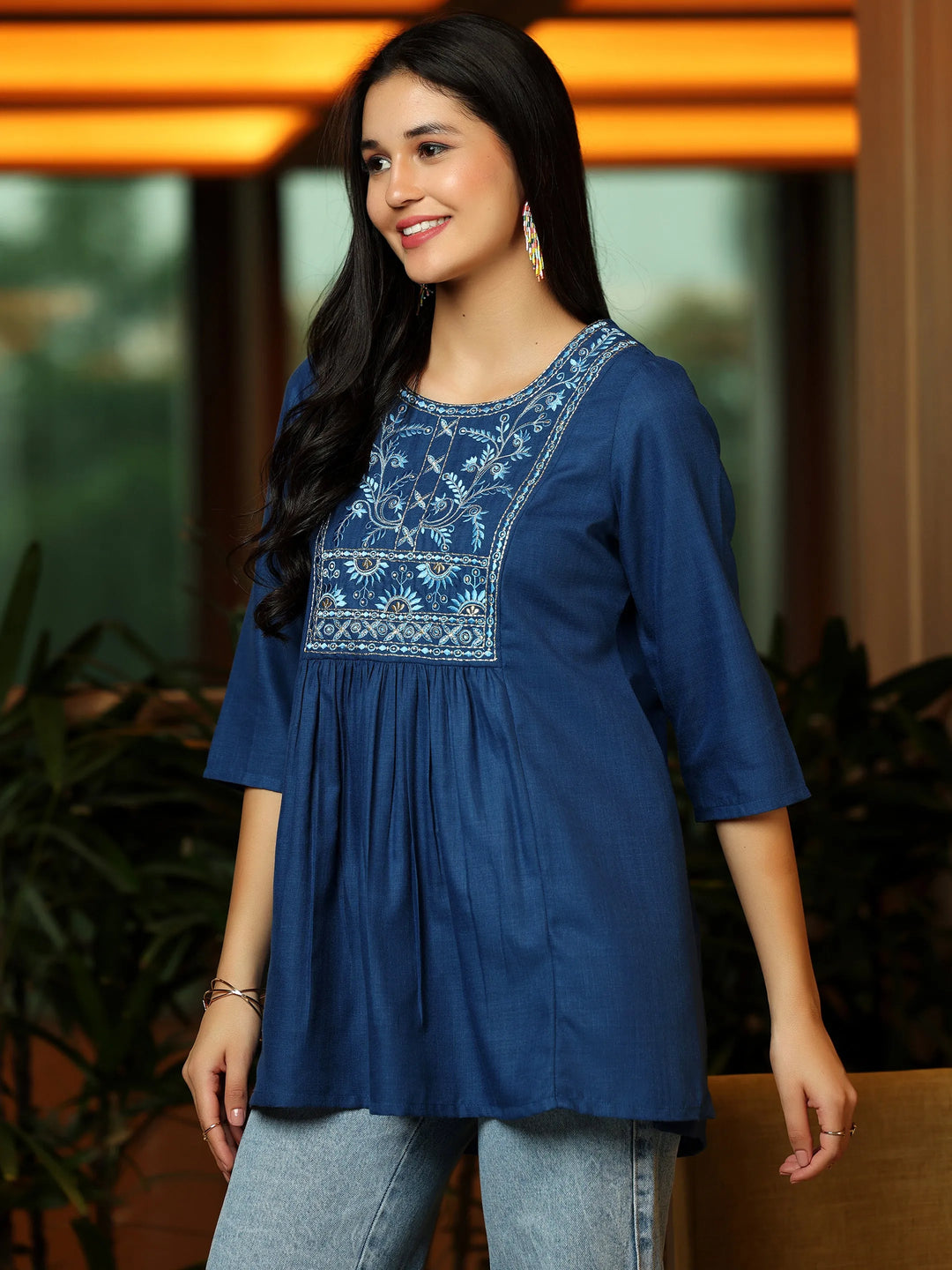  Blue Yoke Design Cotton Blend A-Line Kurti 