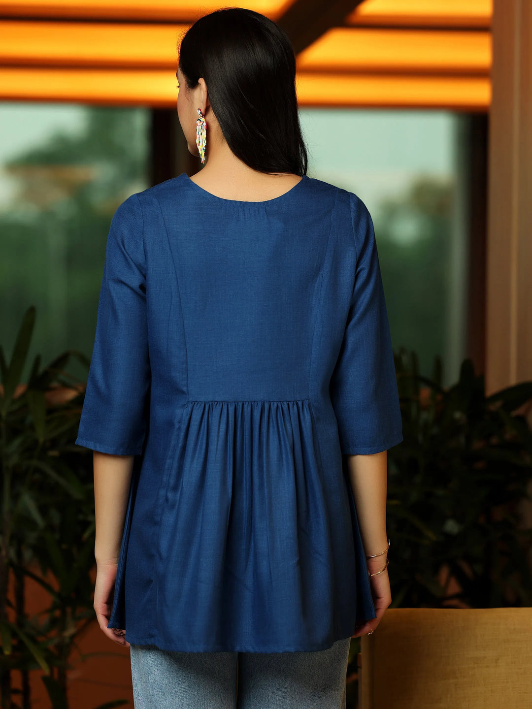  Blue Yoke Design Cotton Blend A-Line Kurti 