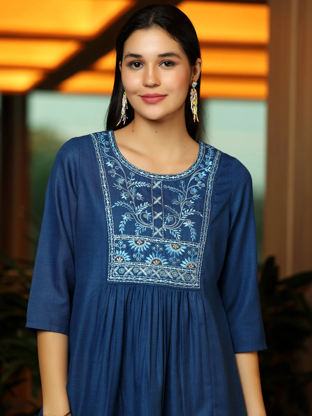  Blue Yoke Design Cotton Blend A-Line Kurti 