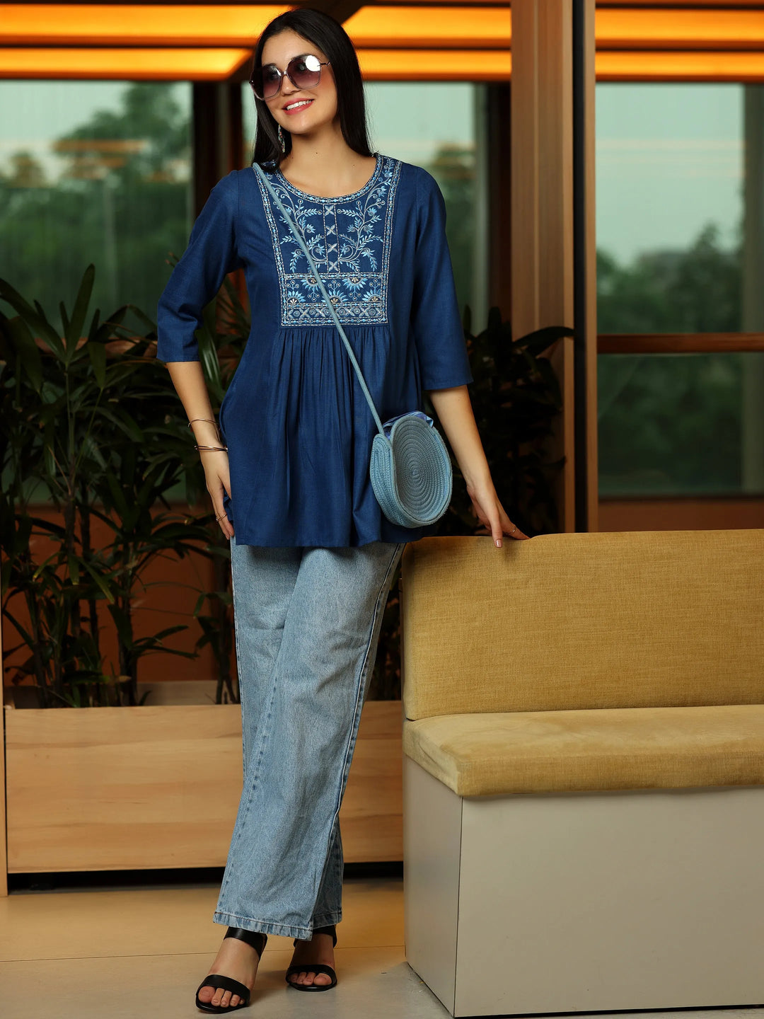  Blue Yoke Design Cotton Blend A-Line Kurti 