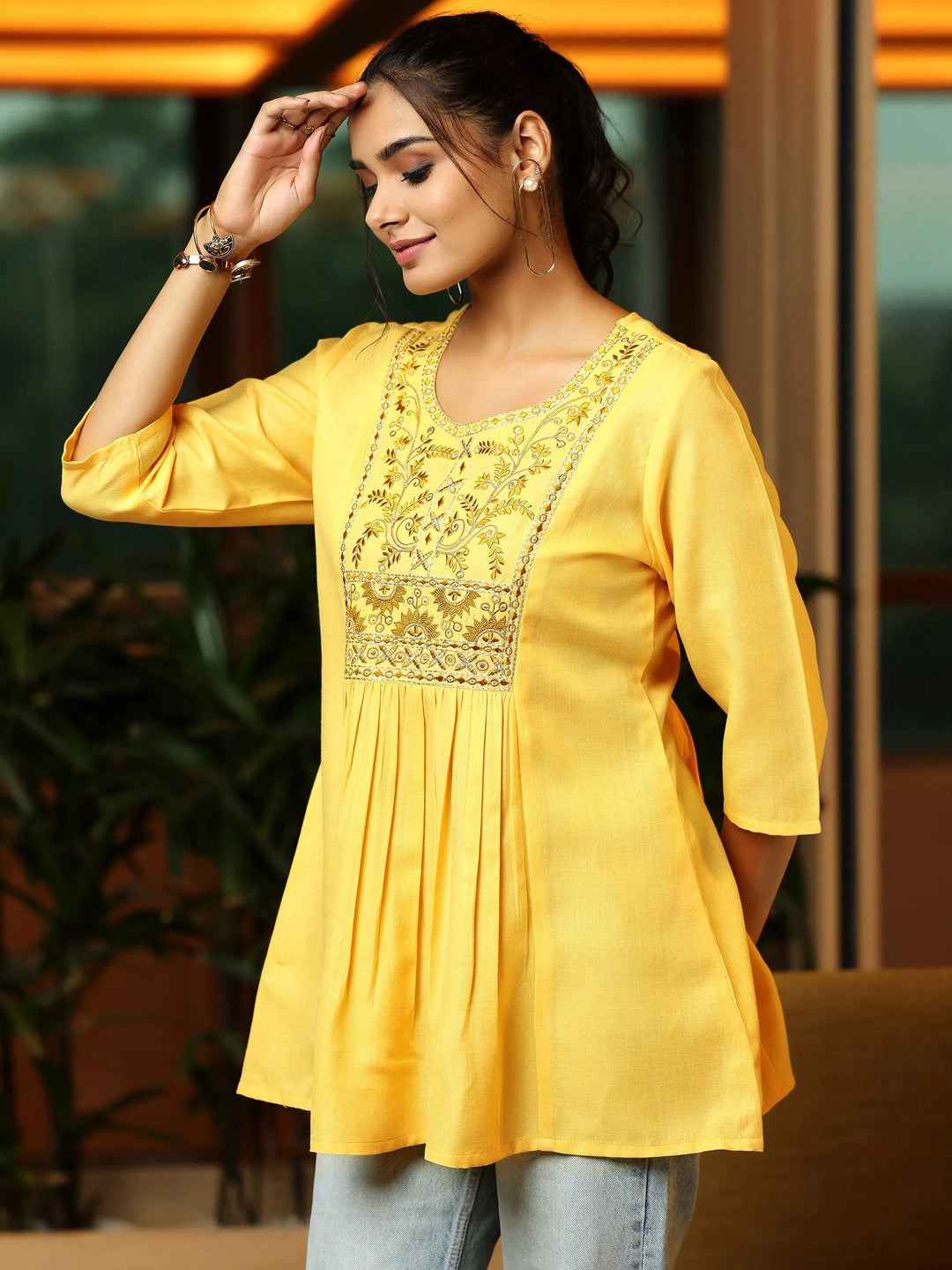  Yellow Yoke Design Cotton Blend A-Line Kurti 
