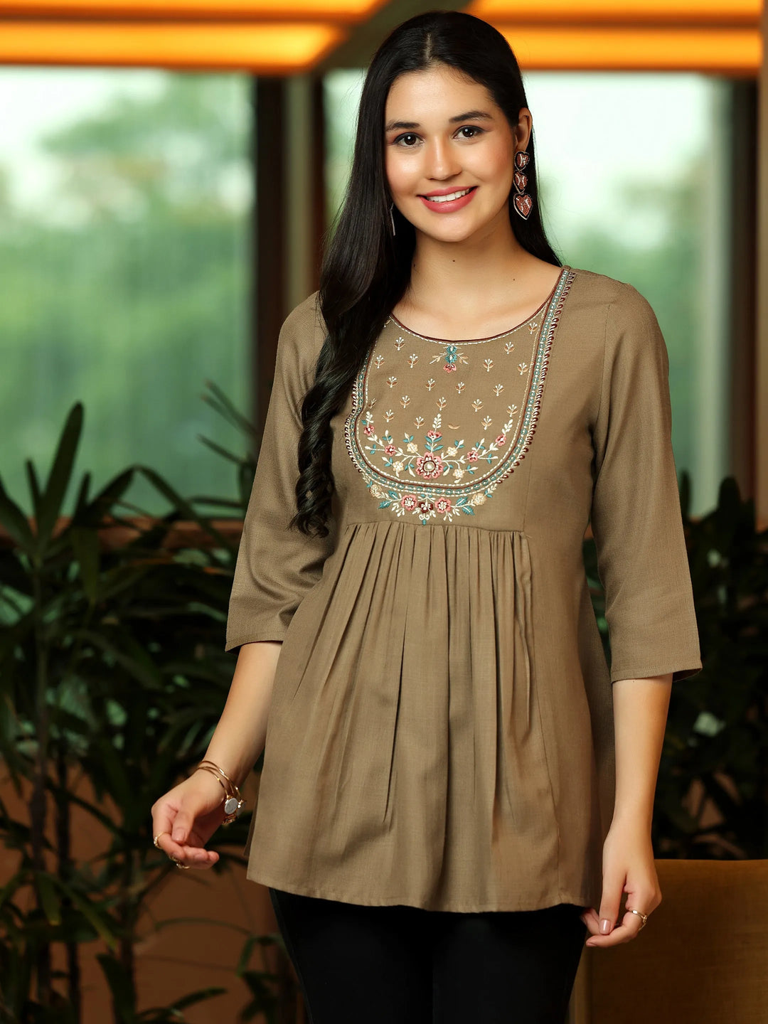  Brown Yoke Design Cotton Blend A-Line Kurti 