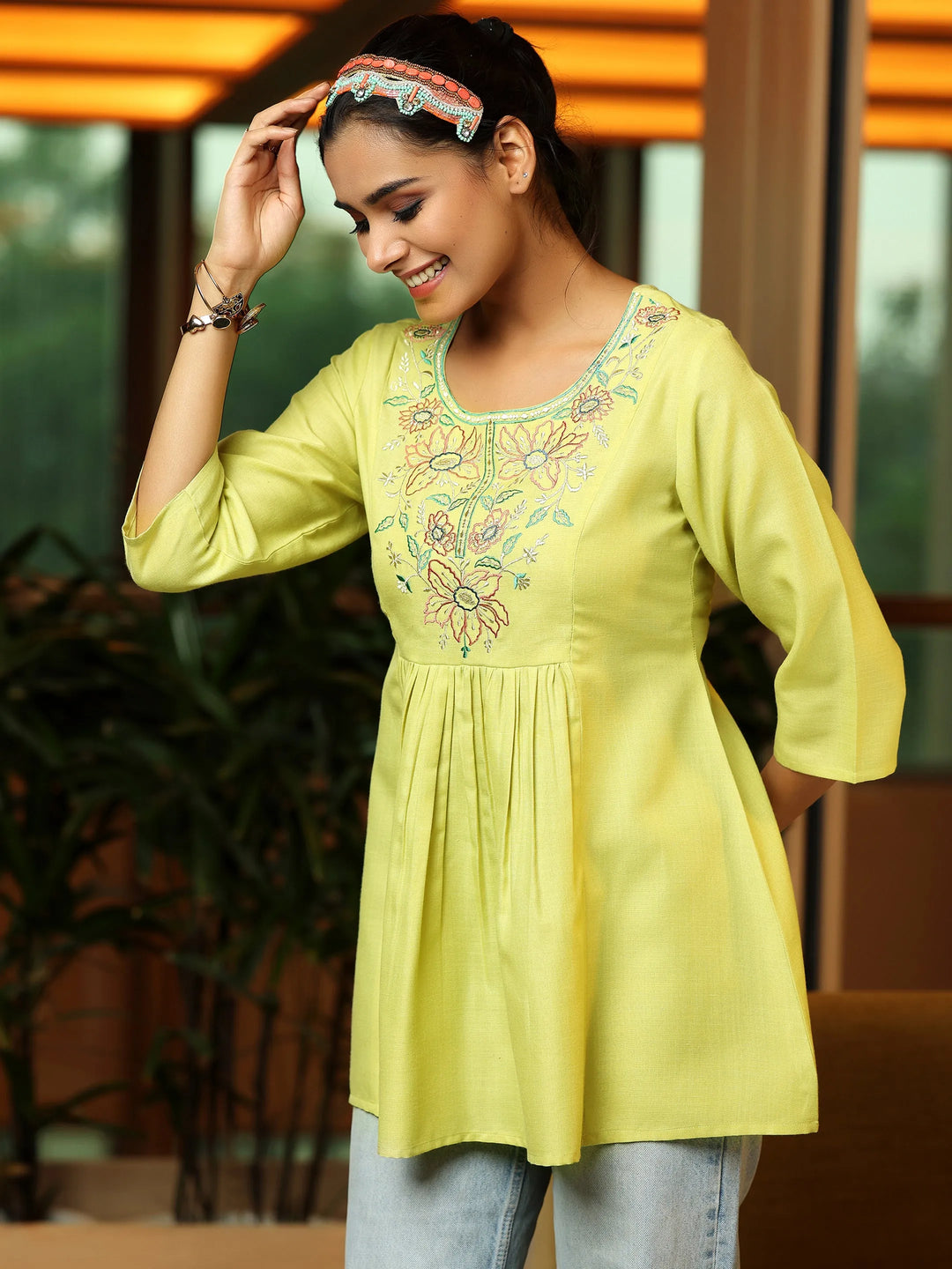  Lime Yoke Design Cotton Blend A-Line Kurti 