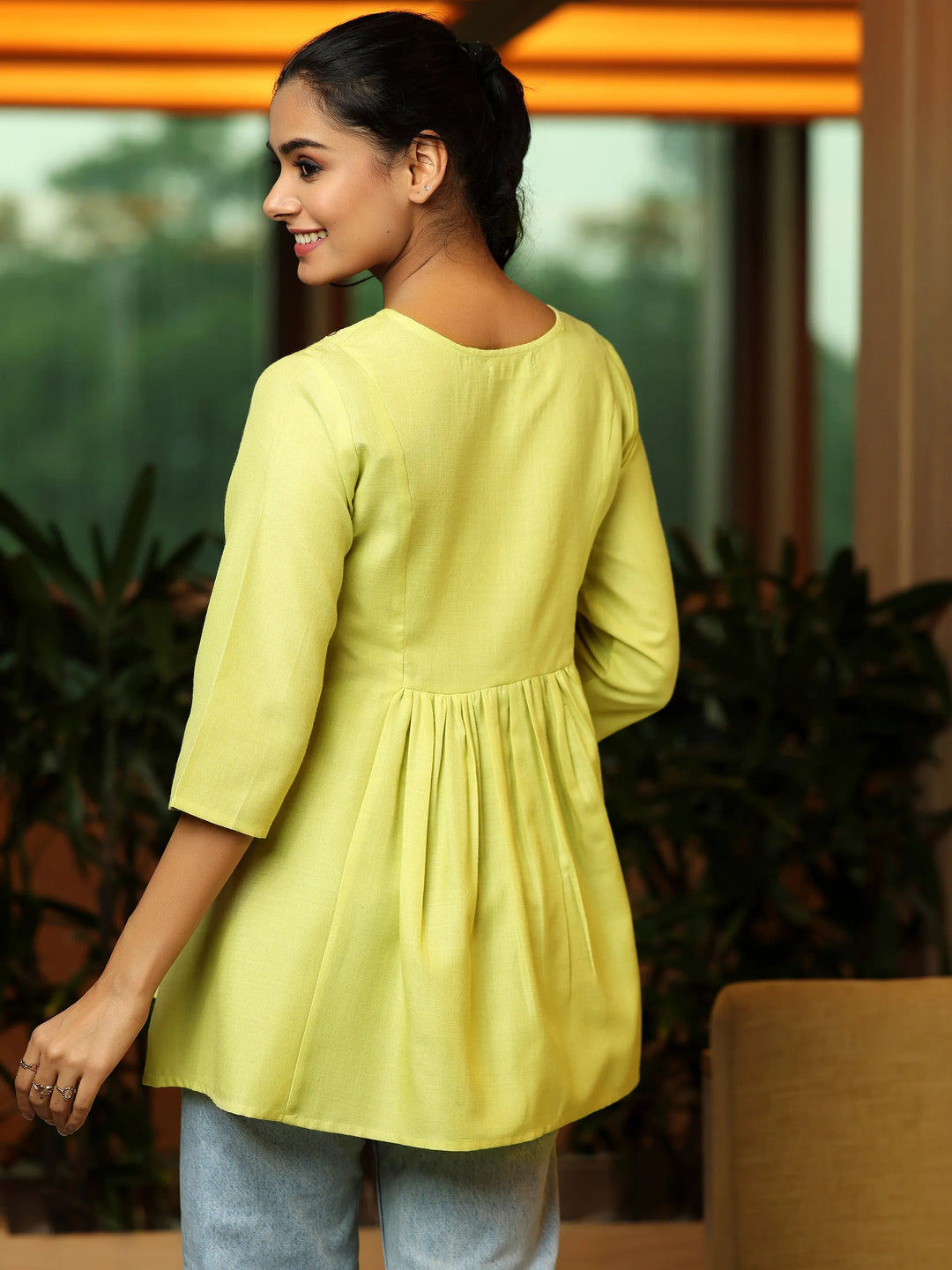  Lime Yoke Design Cotton Blend A-Line Kurti 