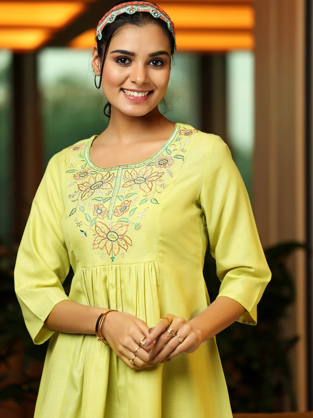  Lime Yoke Design Cotton Blend A-Line Kurti 
