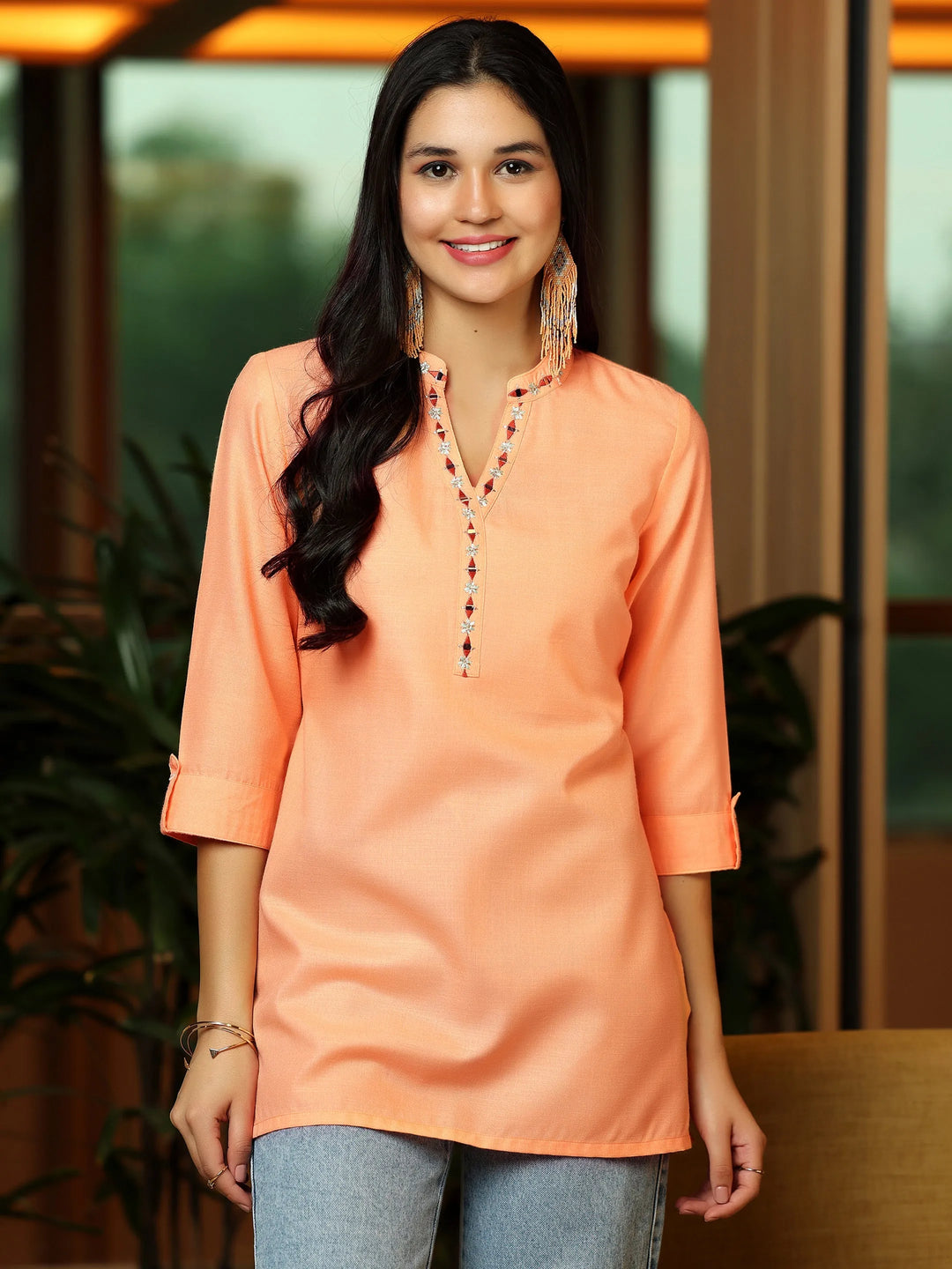 Peach Solid Cotton Blend Straight Kurti 