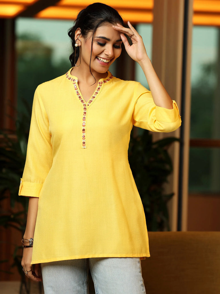Libas Yellow Solid Cotton Blend Straight Kurti