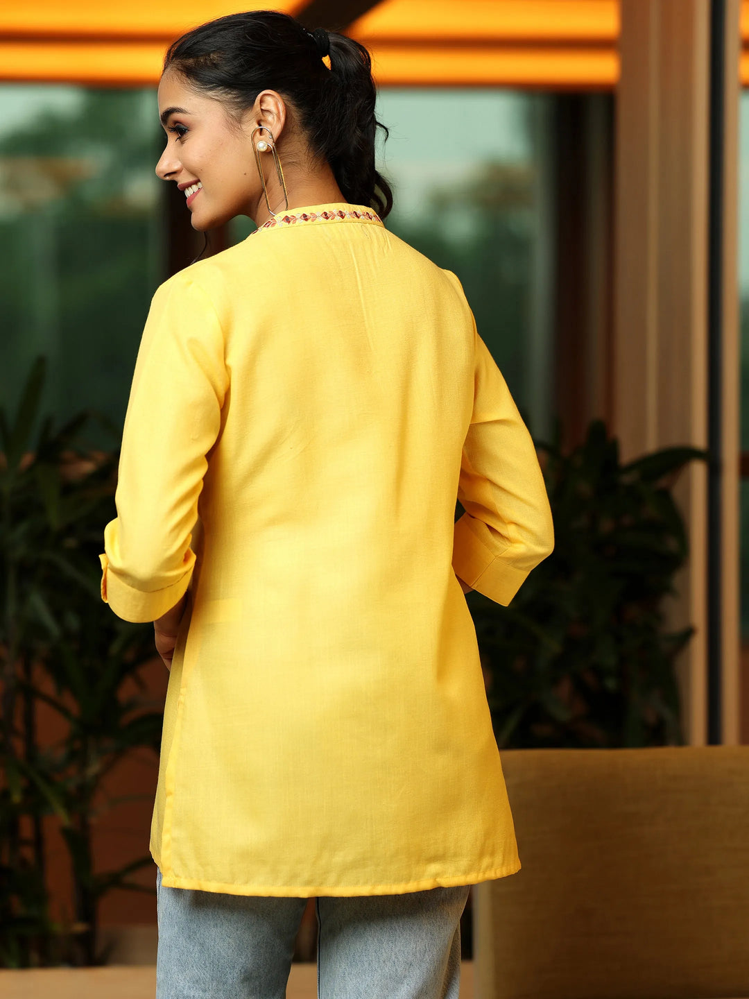  Yellow Solid Cotton Blend Straight Kurti 