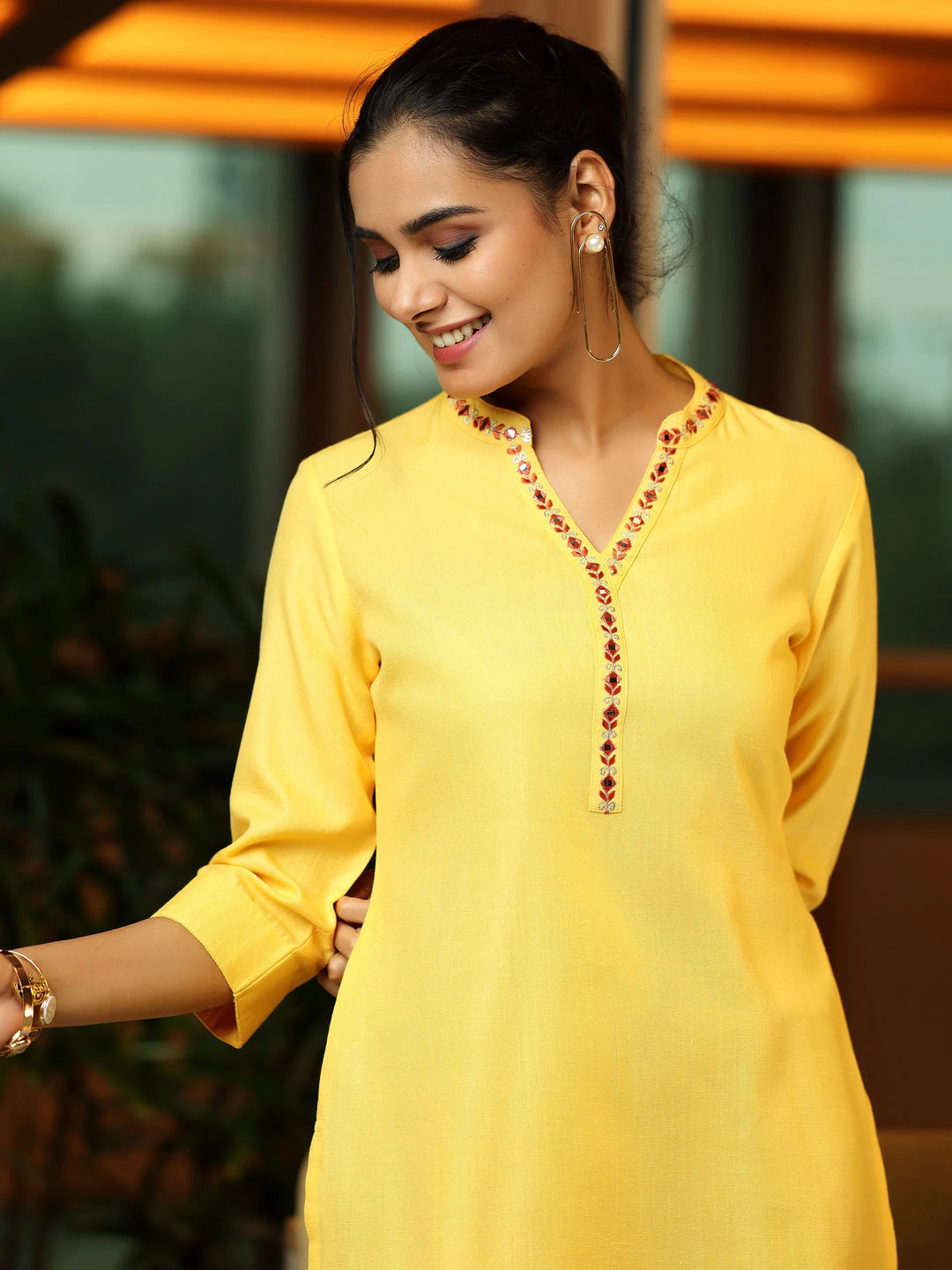  Yellow Solid Cotton Blend Straight Kurti 