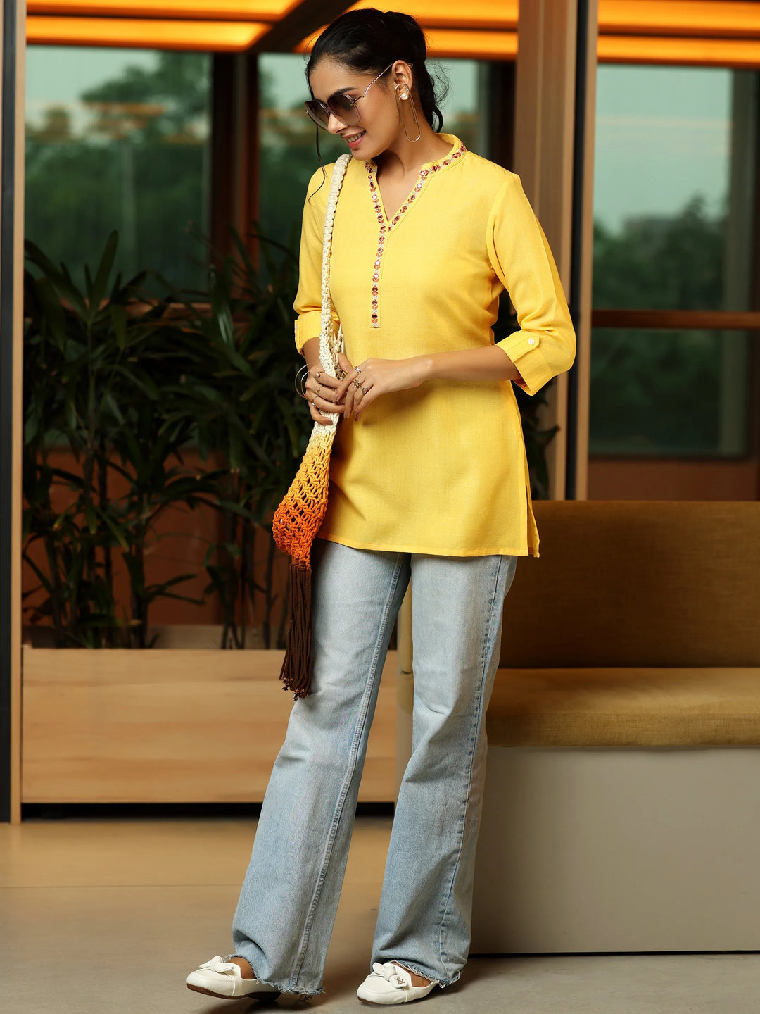  Yellow Solid Cotton Blend Straight Kurti 