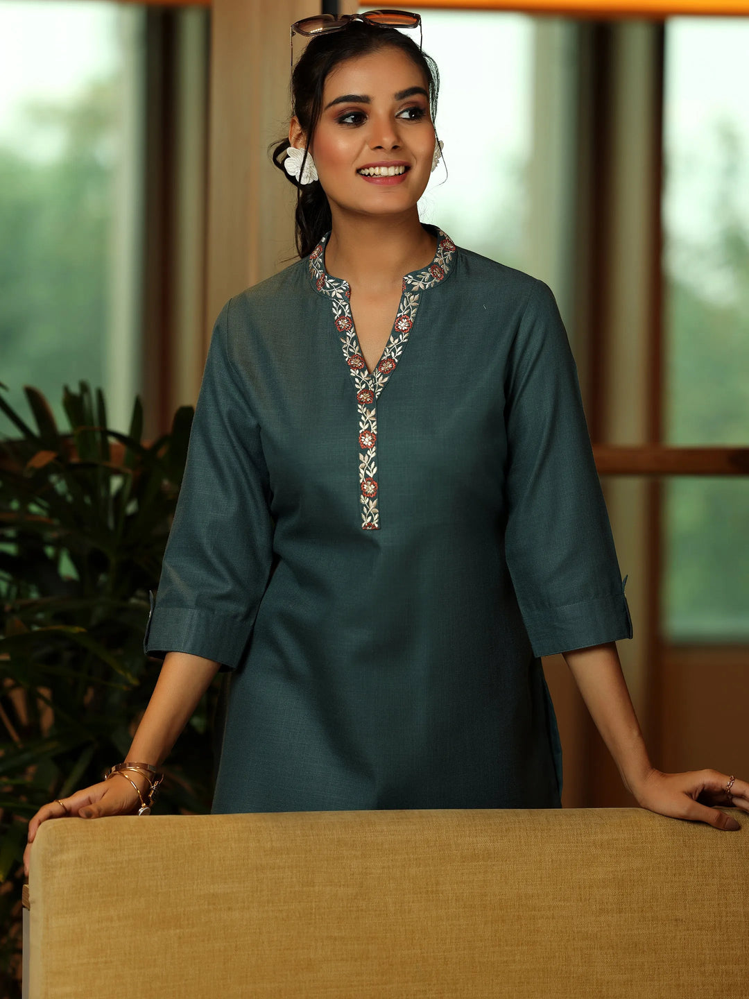  Grey Solid Cotton Blend Straight Kurti 