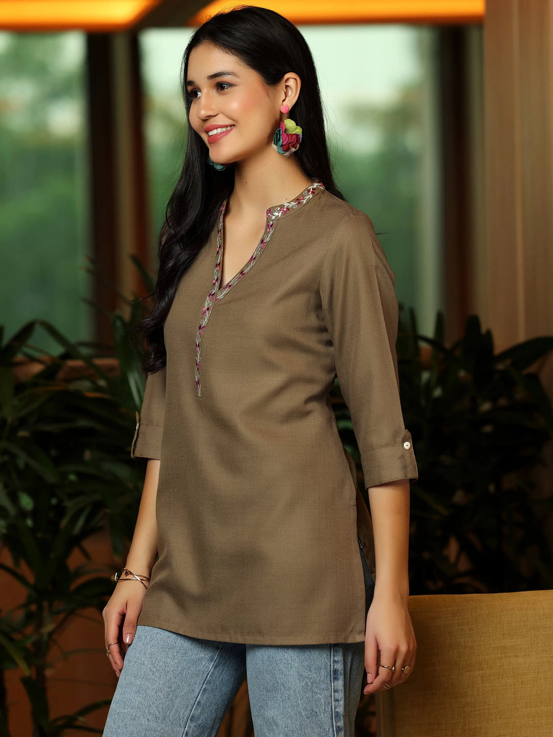  Brown Solid Cotton Blend Straight Kurti 