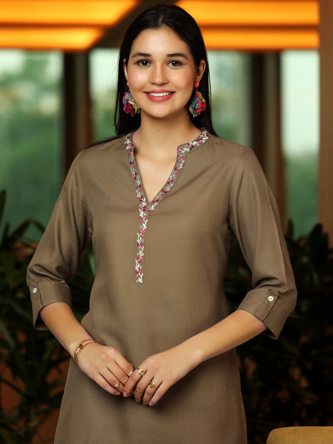  Brown Solid Cotton Blend Straight Kurti 