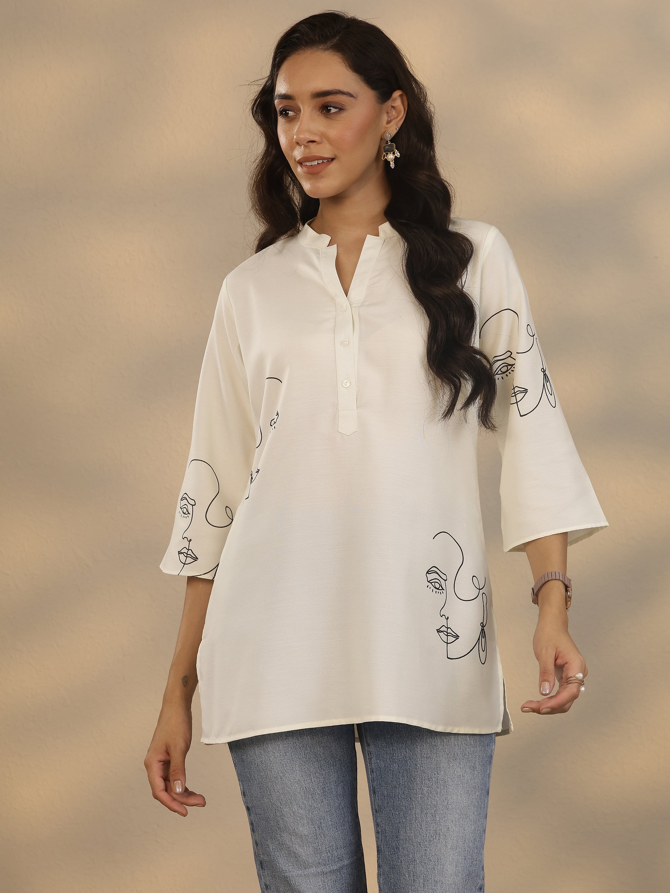 White Printed Rayon Straight Short Kurti-image-47