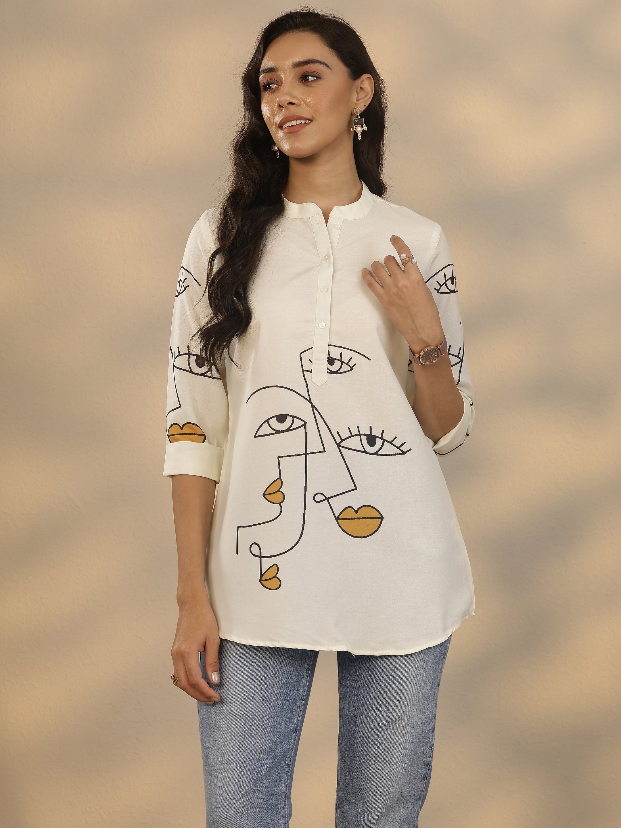 White Printed Rayon Straight Short Kurti-image-38