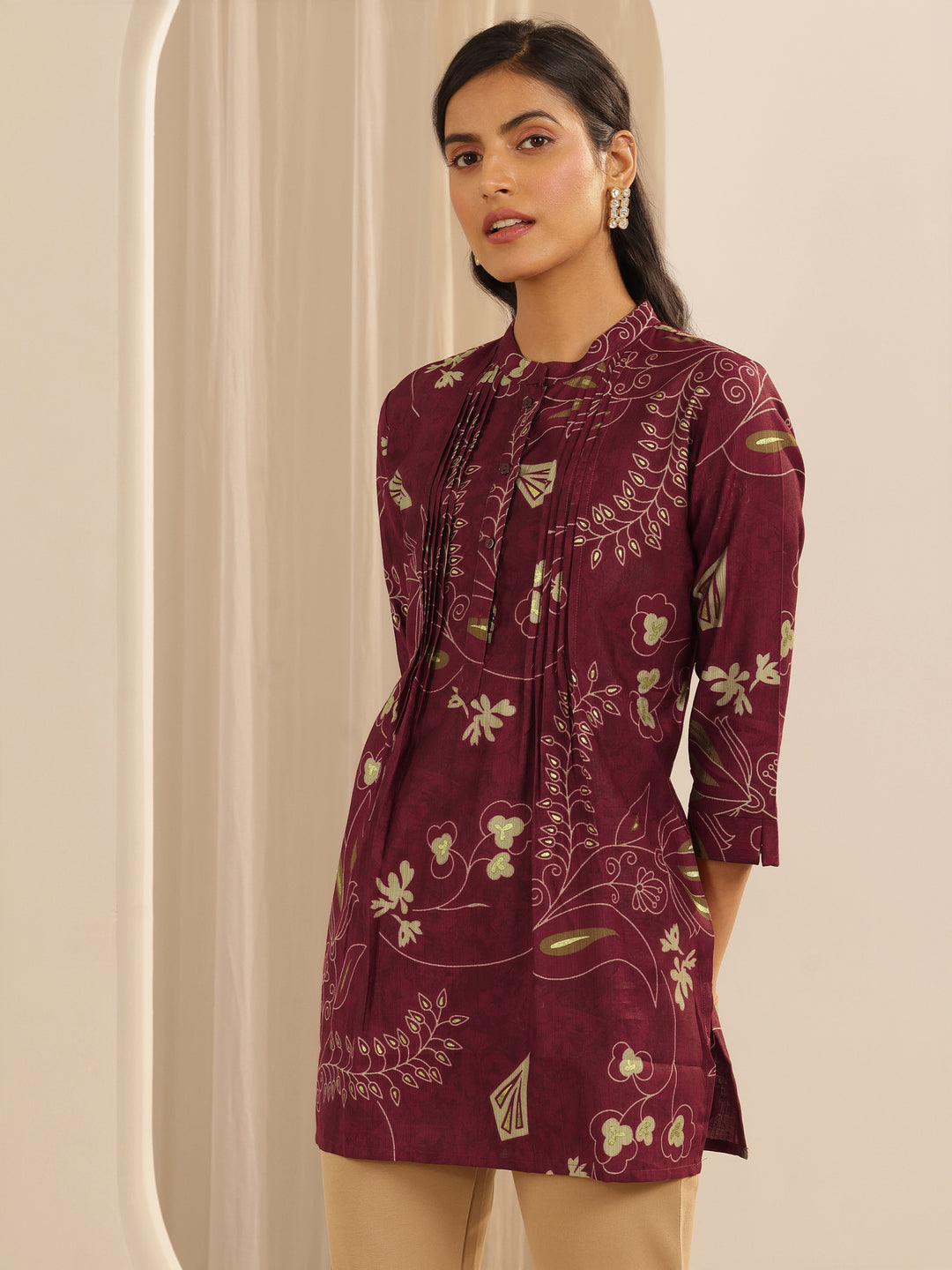 Beige Printed Silk Blend A-Line Kurti