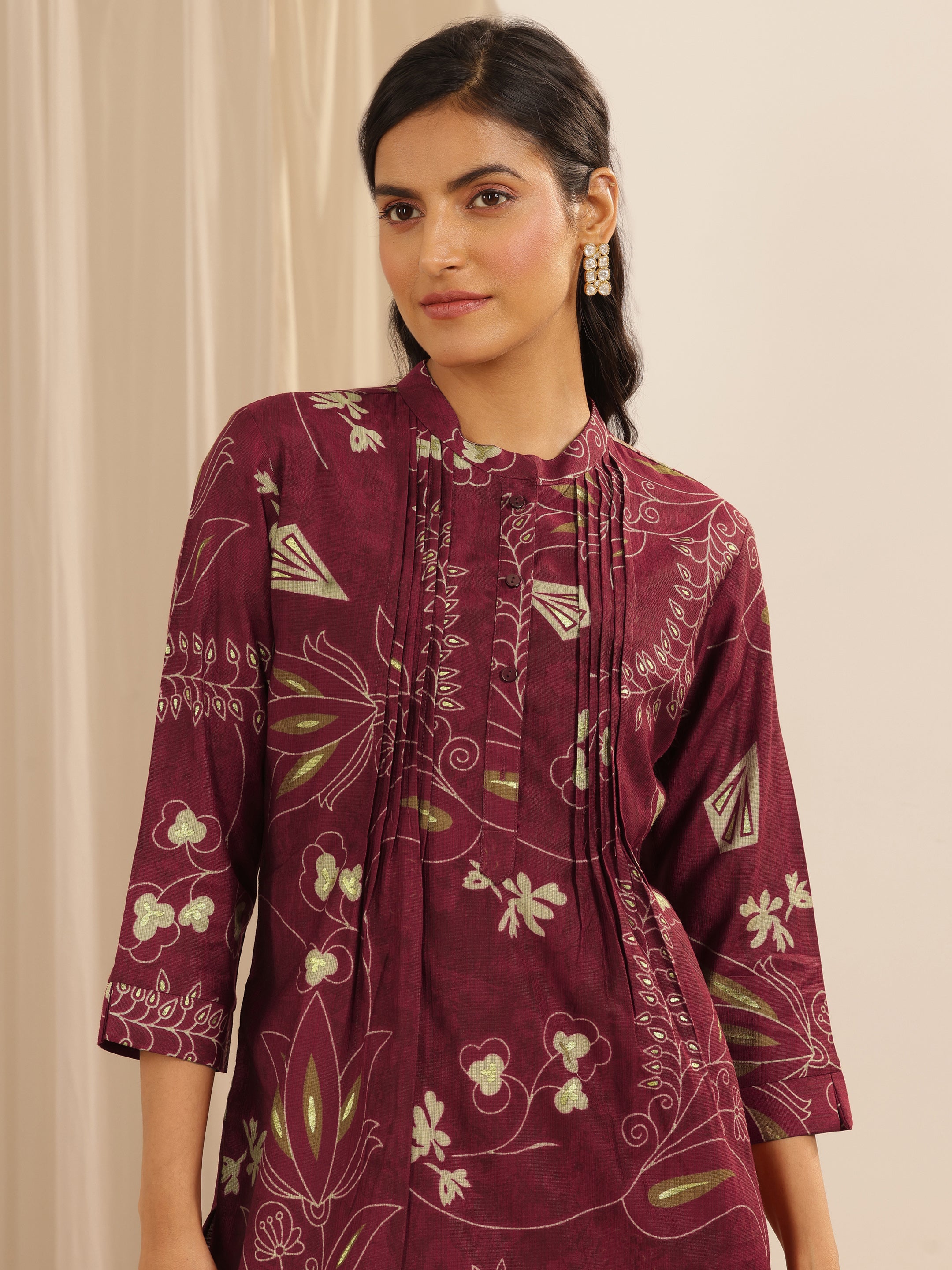Maroon Printed Silk Blend Straight Short Kurti-image-46