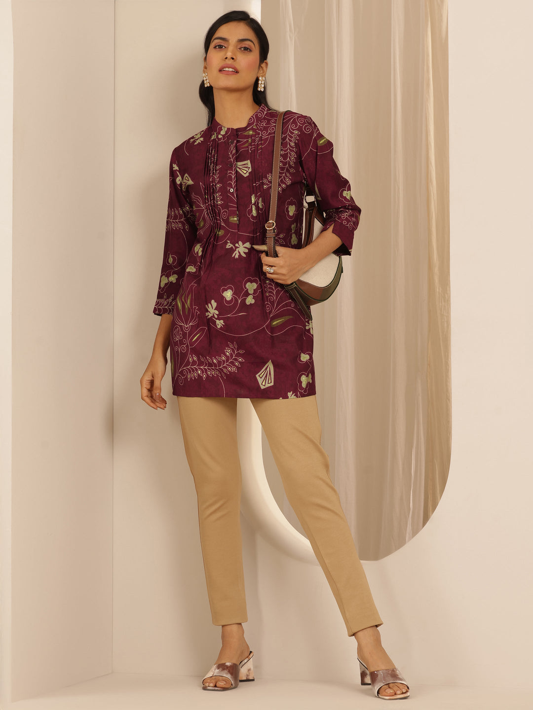  Maroon Printed Silk Blend Straight Short Kurti 