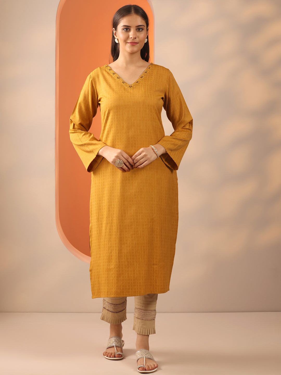  Mustard Solid Rayon Straight Kurta 