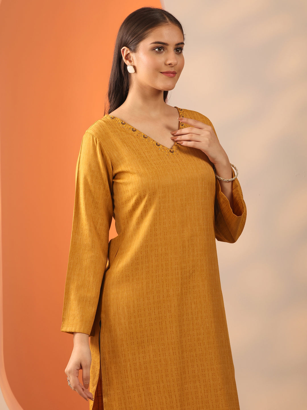  Mustard Solid Rayon Straight Kurta 