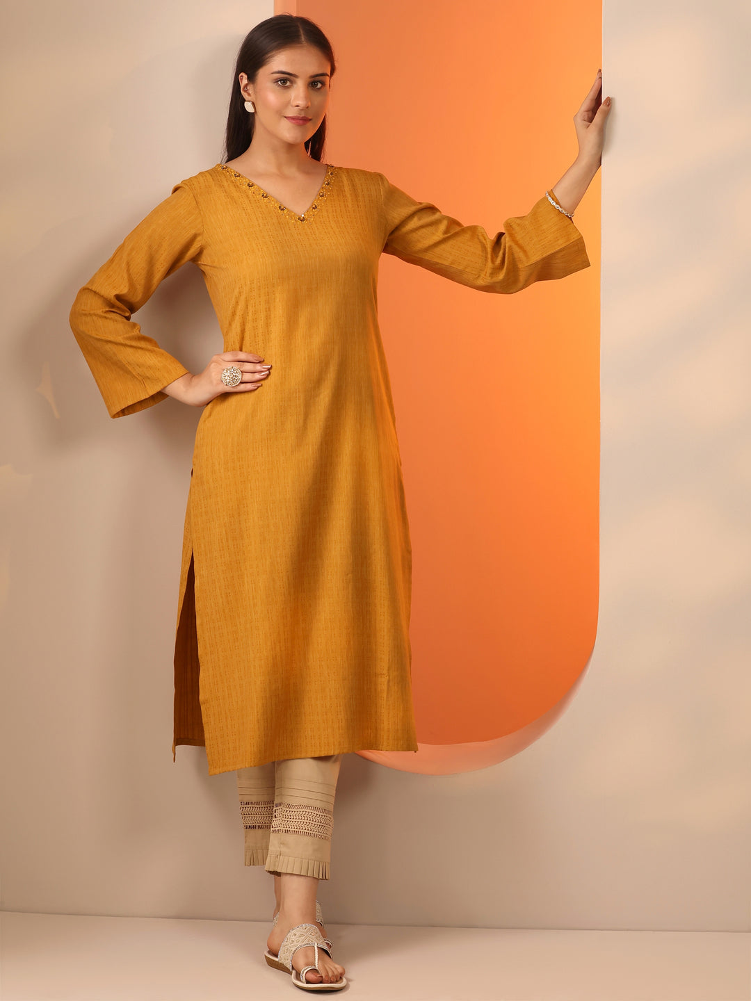  Mustard Solid Rayon Straight Kurta 