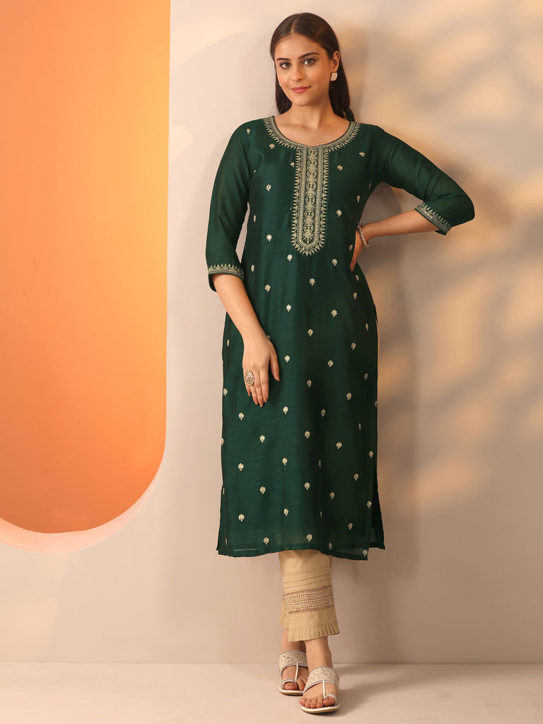 Libas Green Embroidered Silk Blend Straight Kurta
