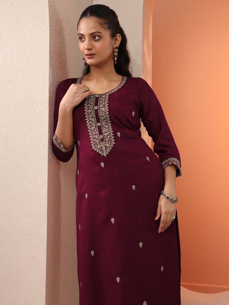 Libas Maroon Embroidered Silk Blend Straight Kurta