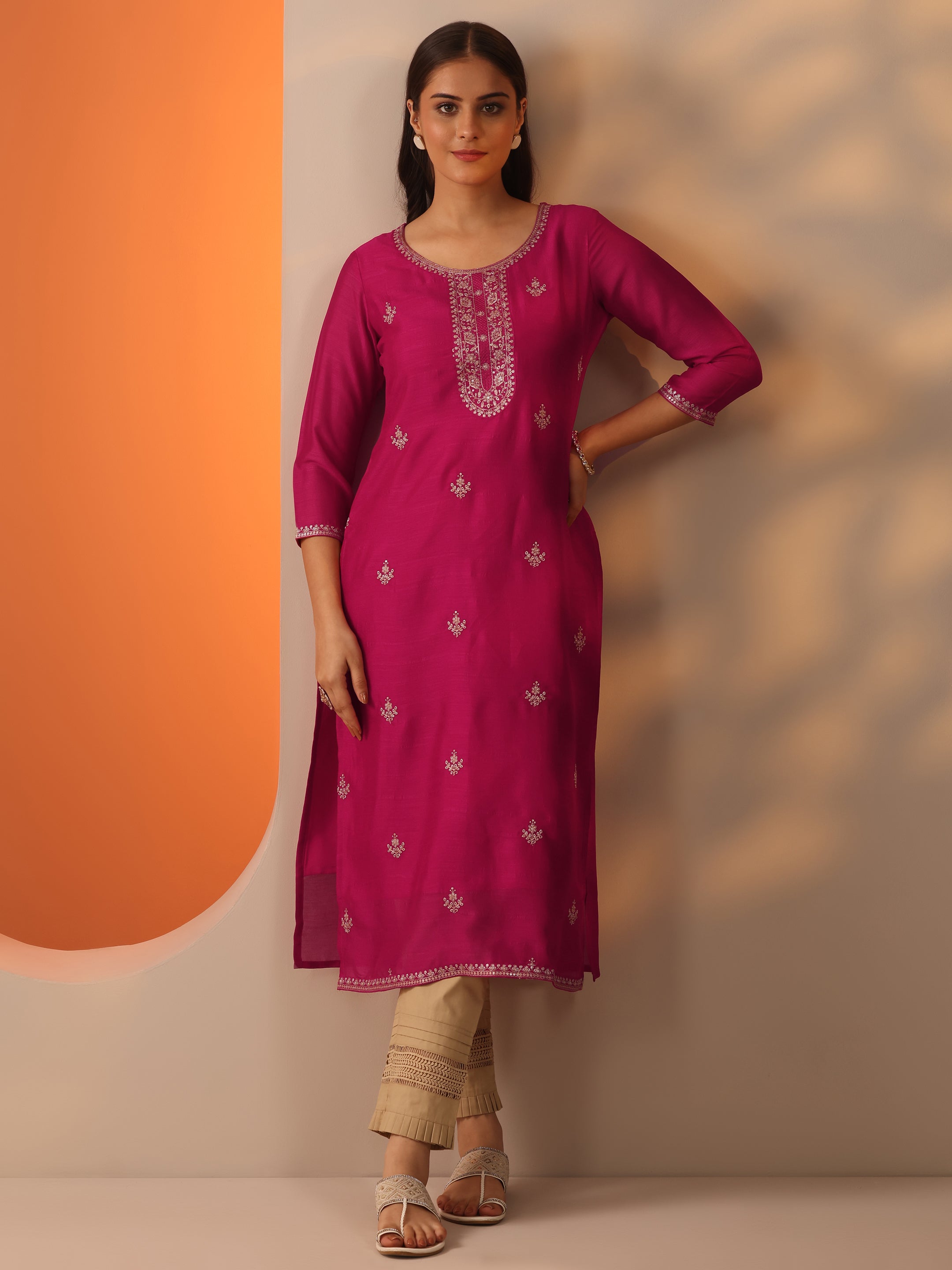 libas Pink Embroidered Silk Blend Straight Kurta-picture-31