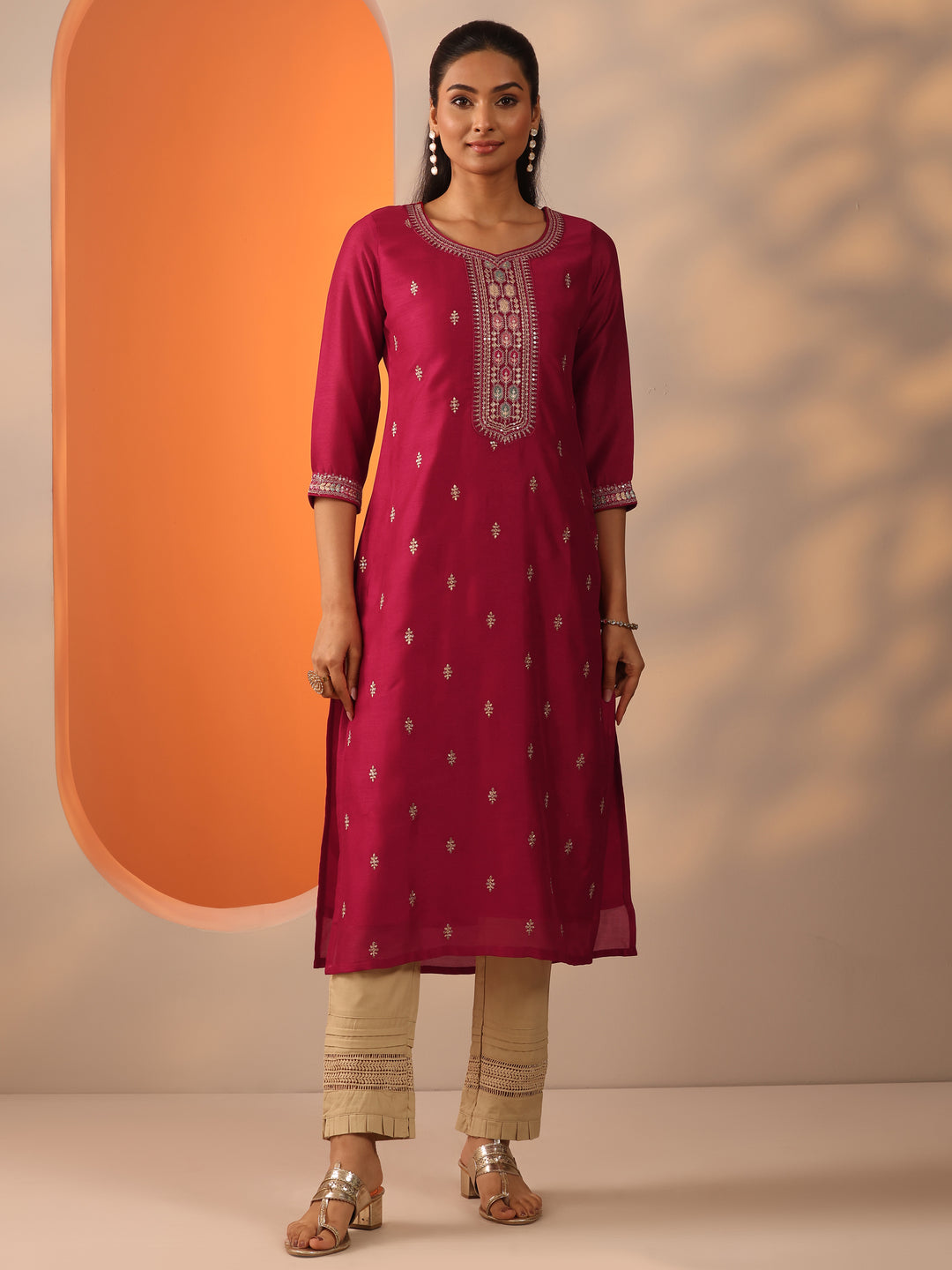  Pink Embroidered Silk Blend Straight Kurta 