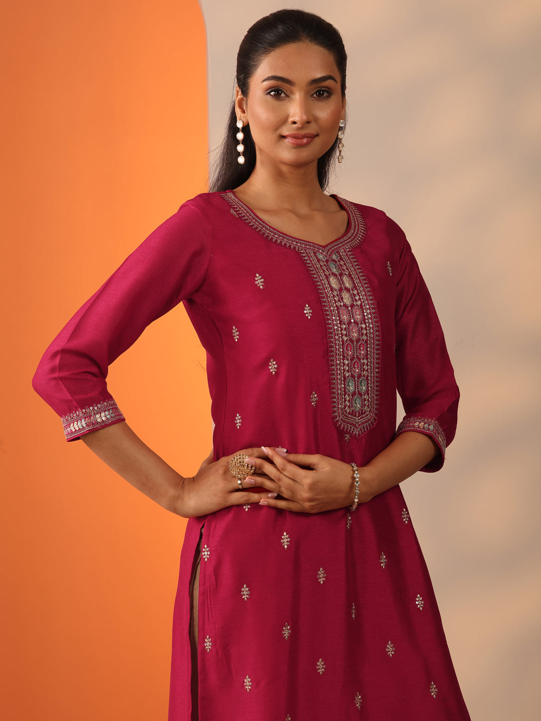  Pink Embroidered Silk Blend Straight Kurta 