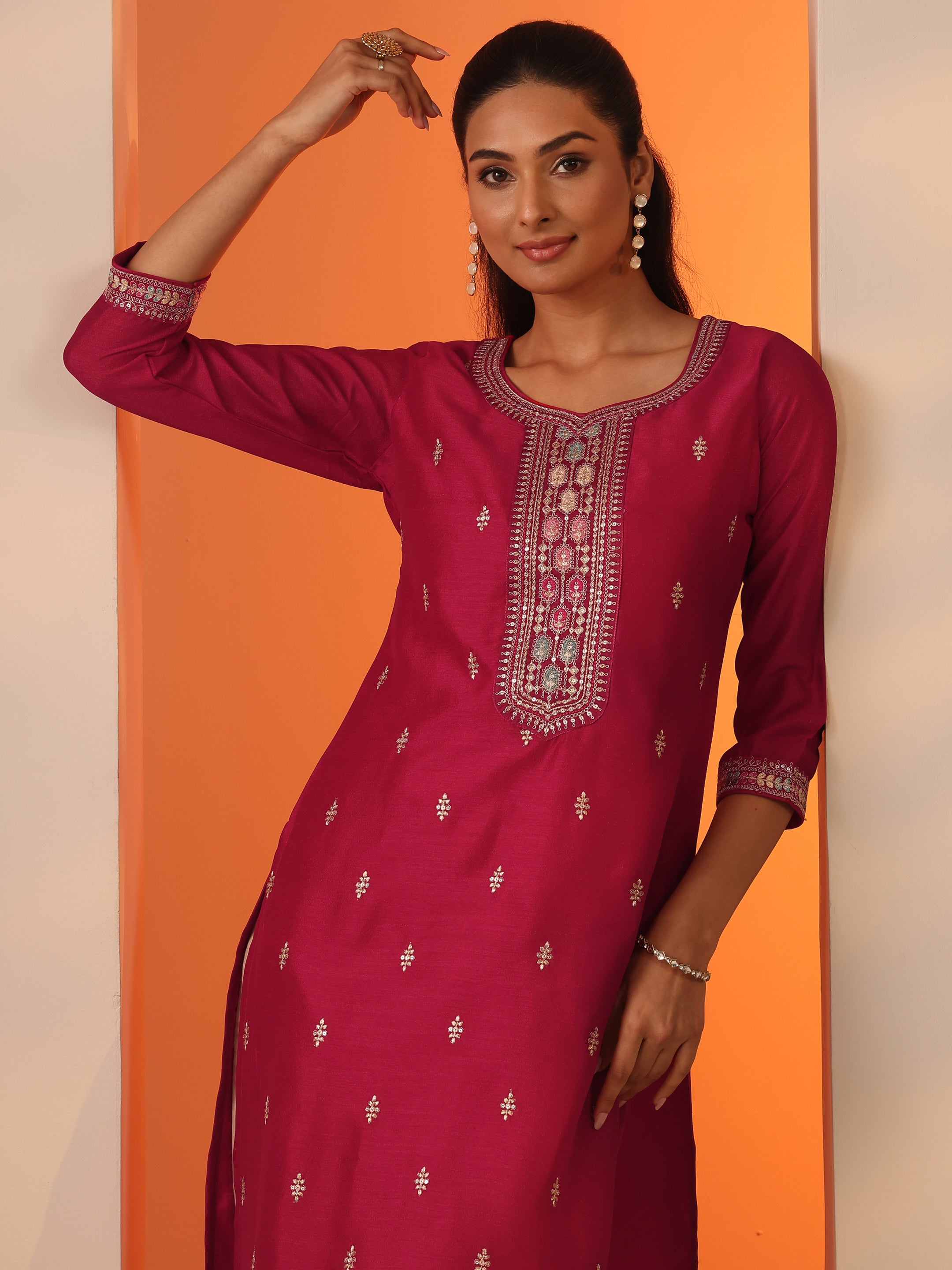 libas Pink Embroidered Silk Blend Straight Kurta-picture-48