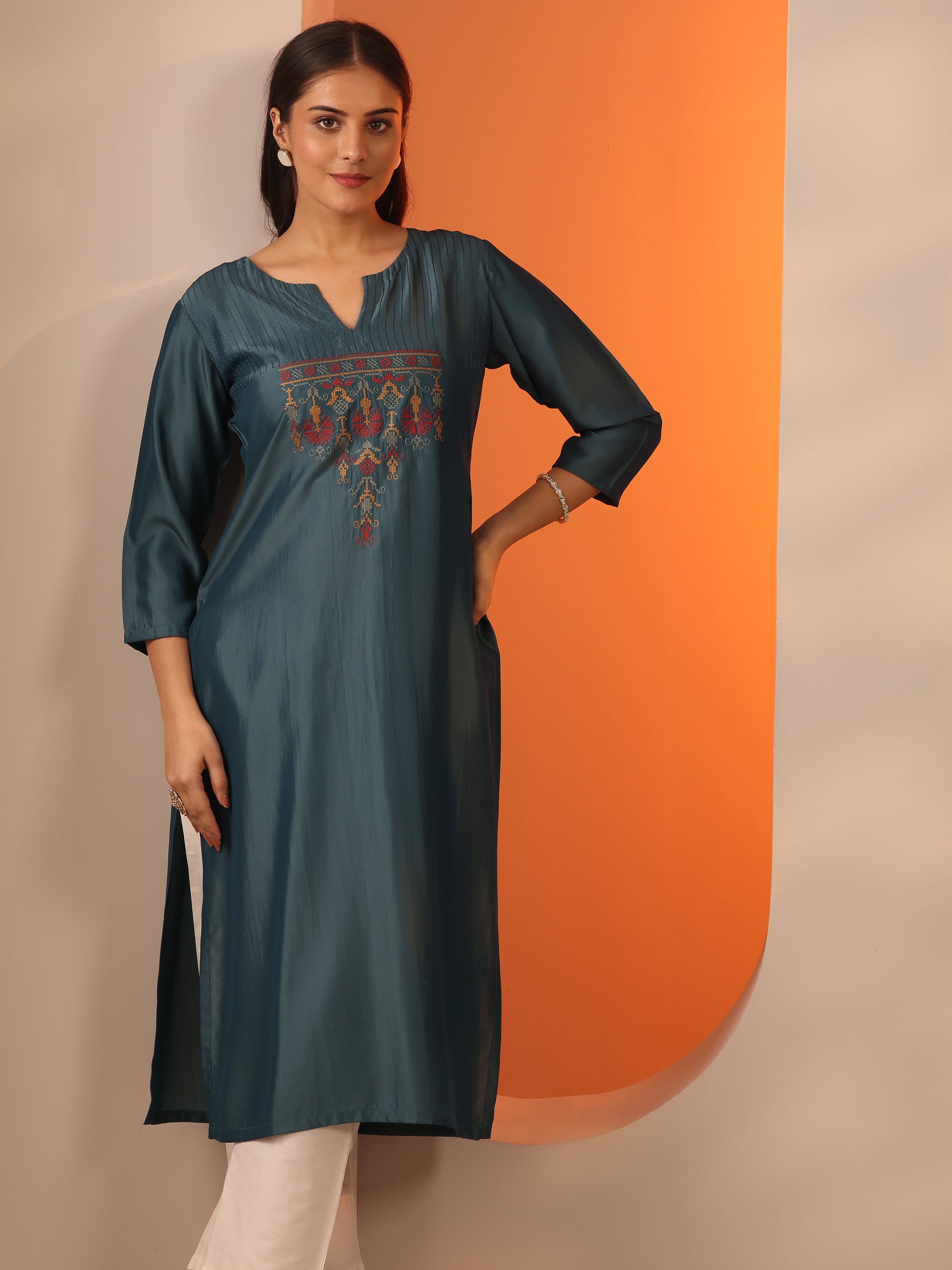 libas Grey Embroidered Silk Blend Straight Kurta-picture-66