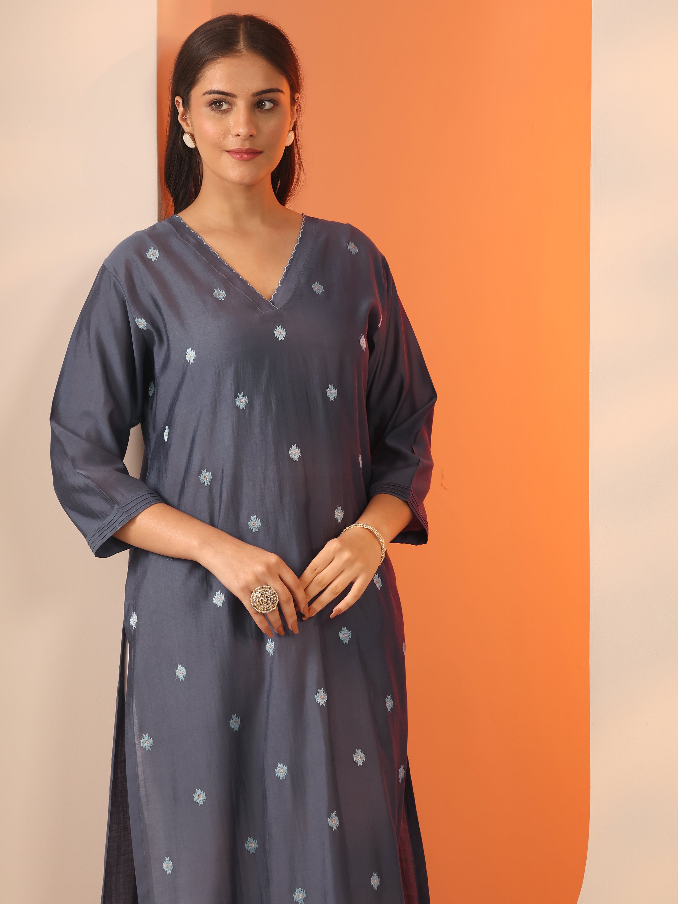 Grey Embroidered Silk Blend Straight Kurta-image-34