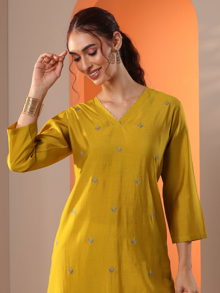 Libas Yellow Embroidered Silk Blend Straight Kurta