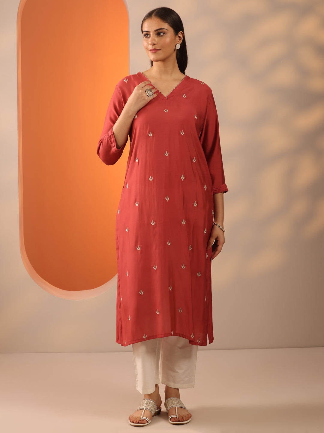  Rust Embroidered Silk Blend Straight Kurta 