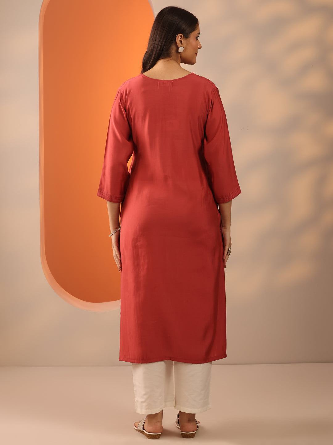  Rust Embroidered Silk Blend Straight Kurta 