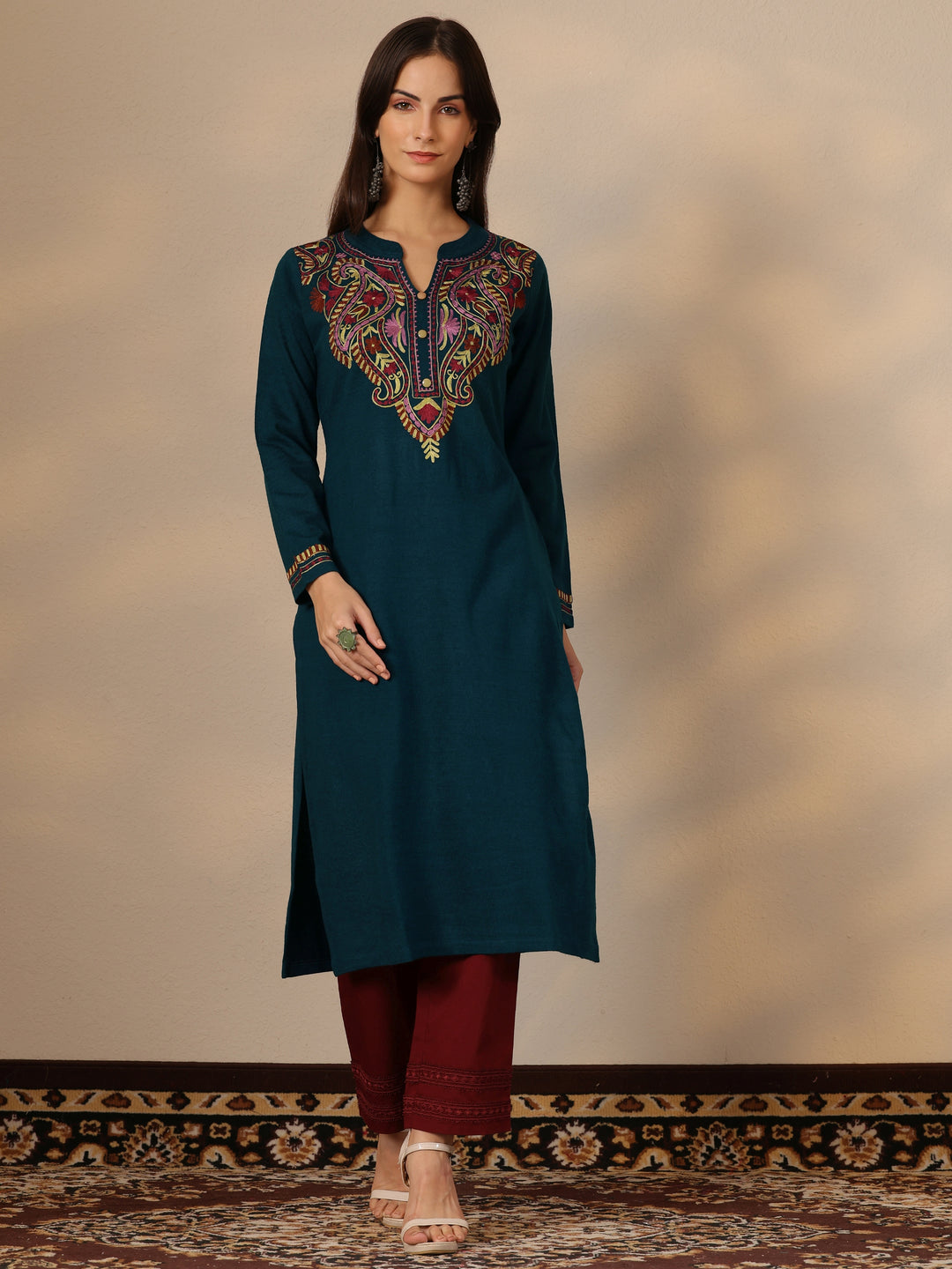  Teal Yoke Design Wool Straight Kurta 