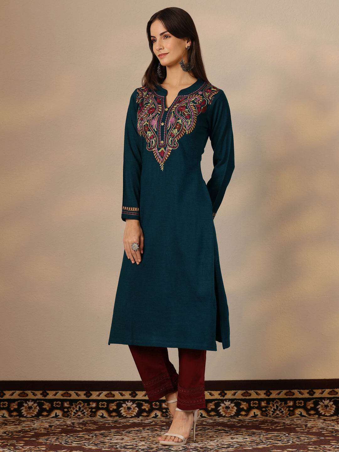  Teal Yoke Design Wool Straight Kurta 