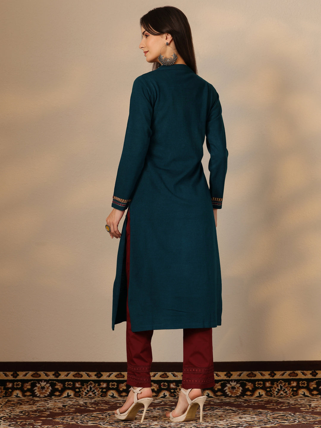 Teal Yoke Design Wool Straight Kurta 