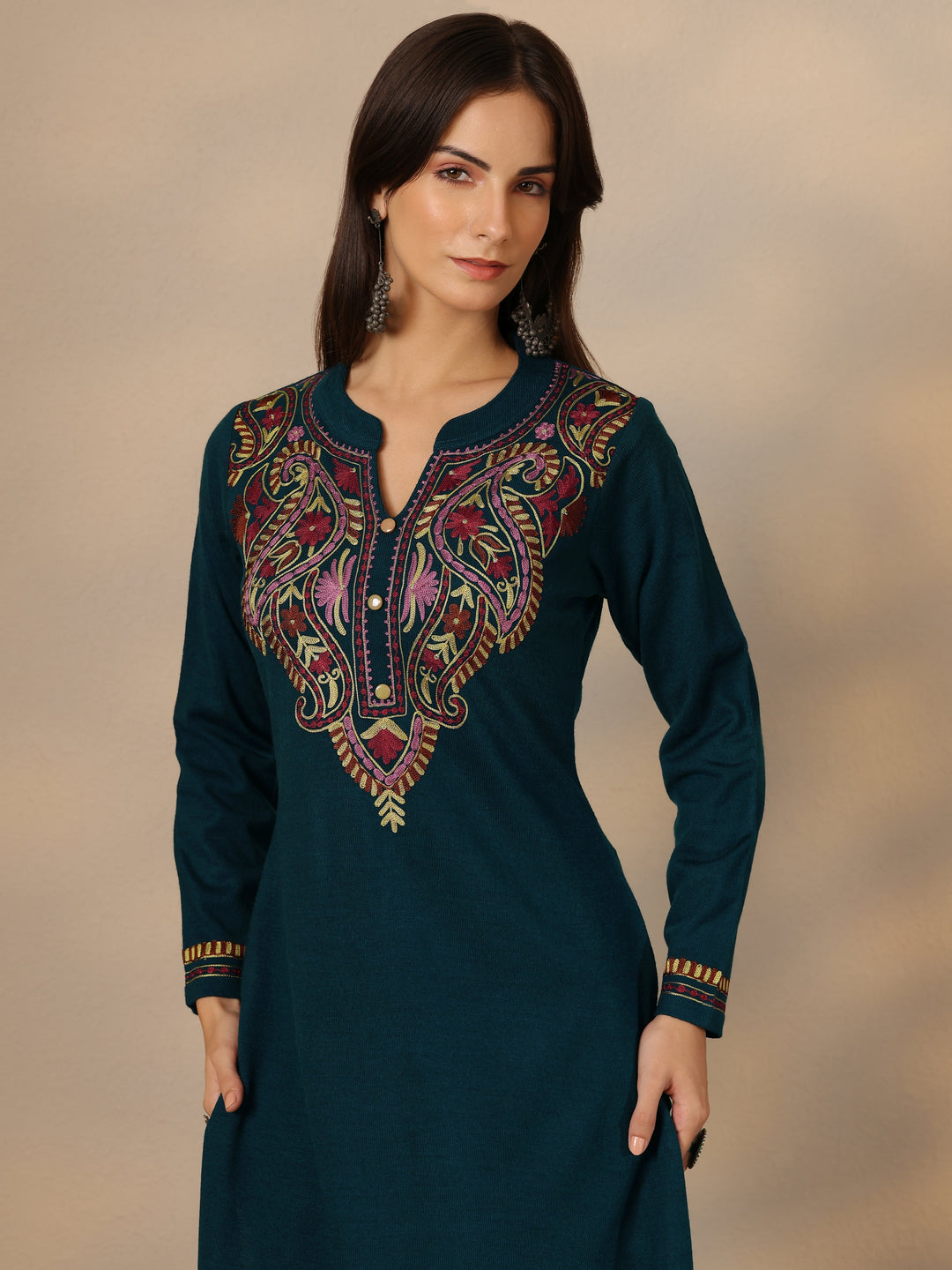  Teal Yoke Design Wool Straight Kurta 