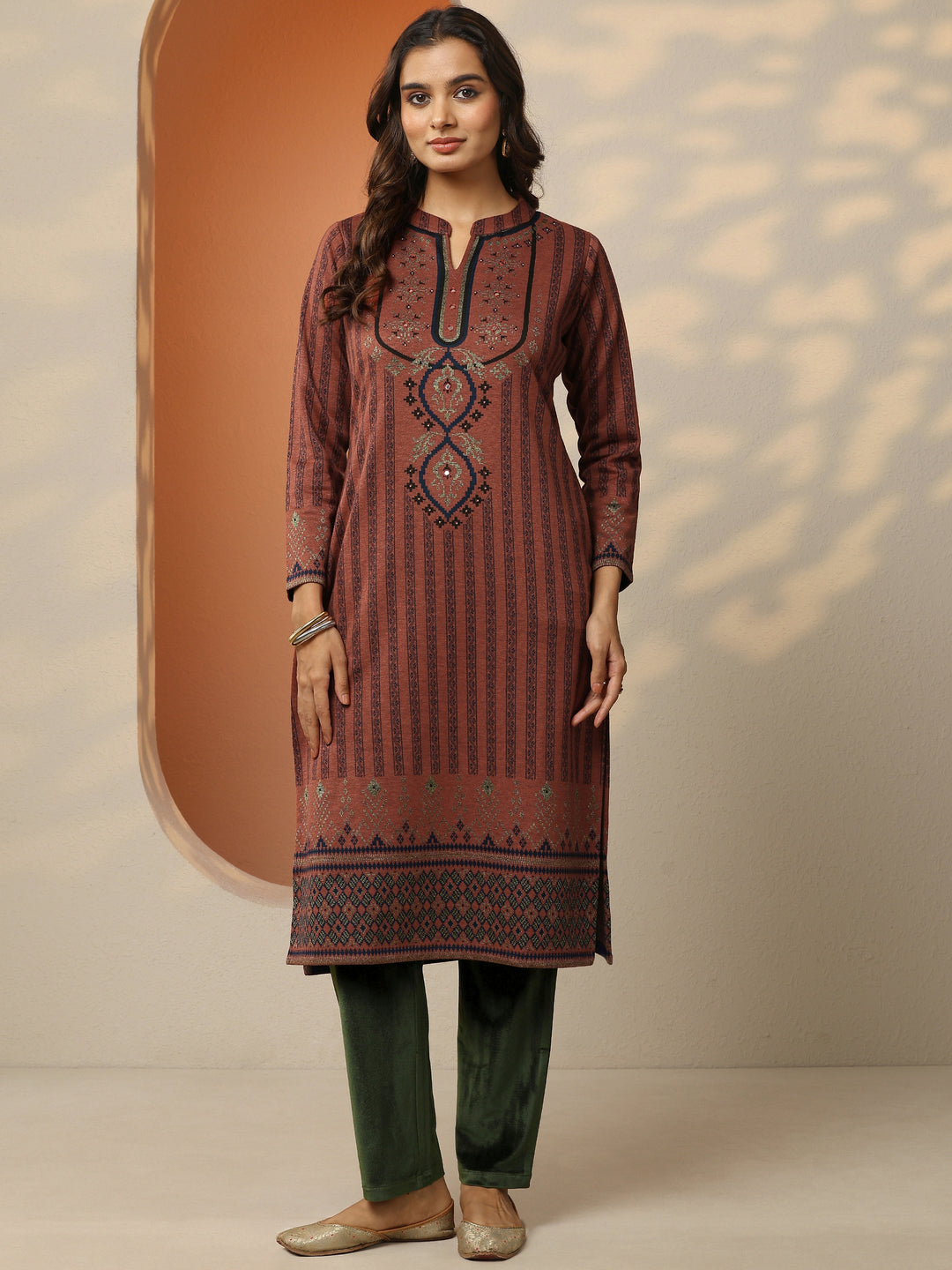  Rust Woven Design Wool Straight Kurta 