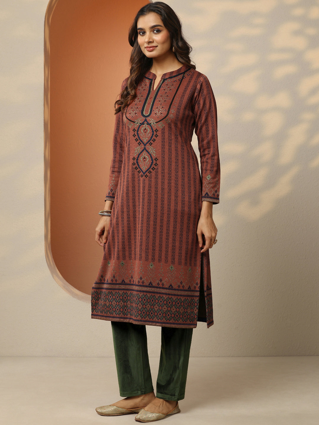  Rust Woven Design Wool Straight Kurta 