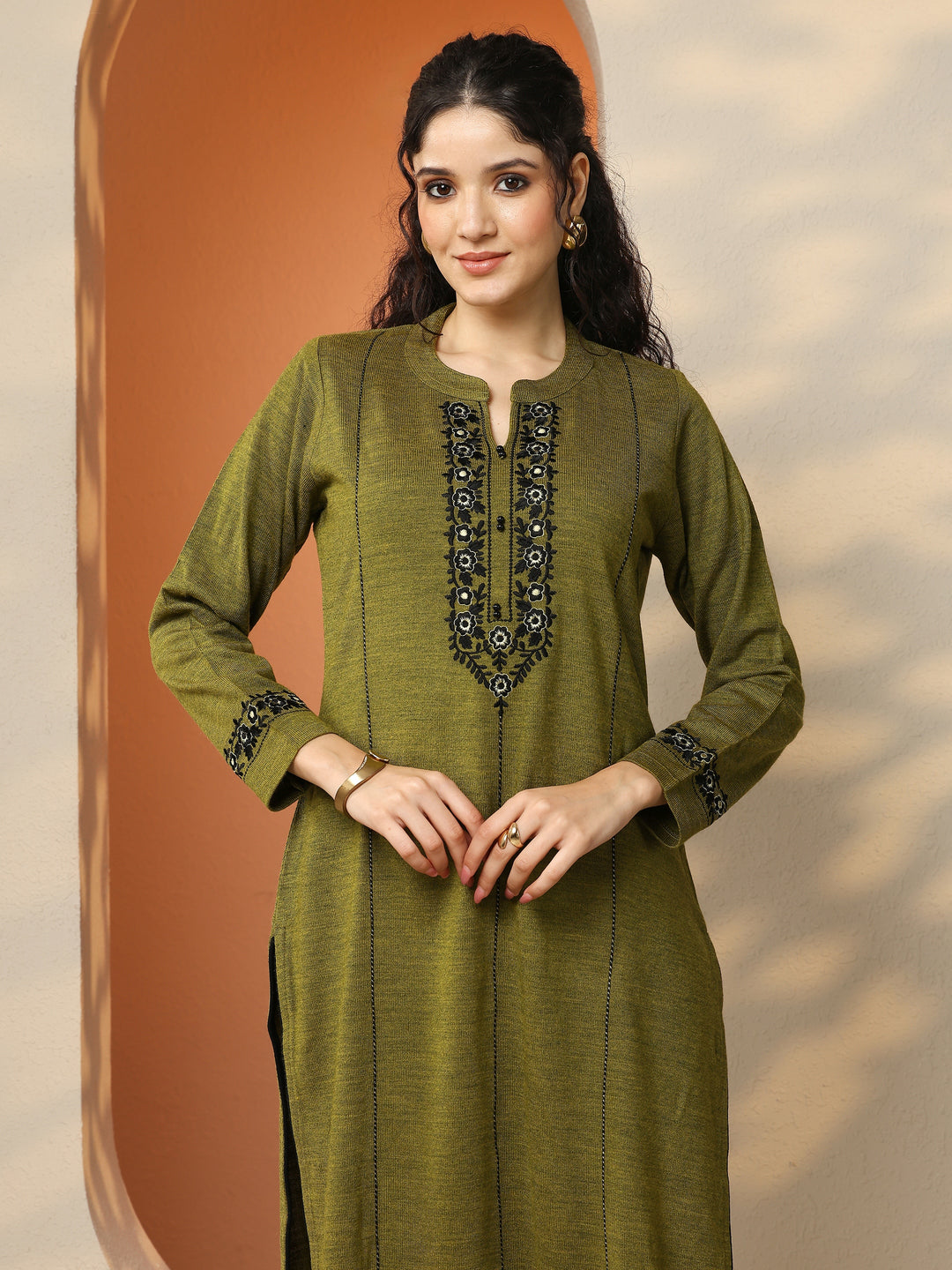  Olive Embroidered Wool Straight Kurta 
