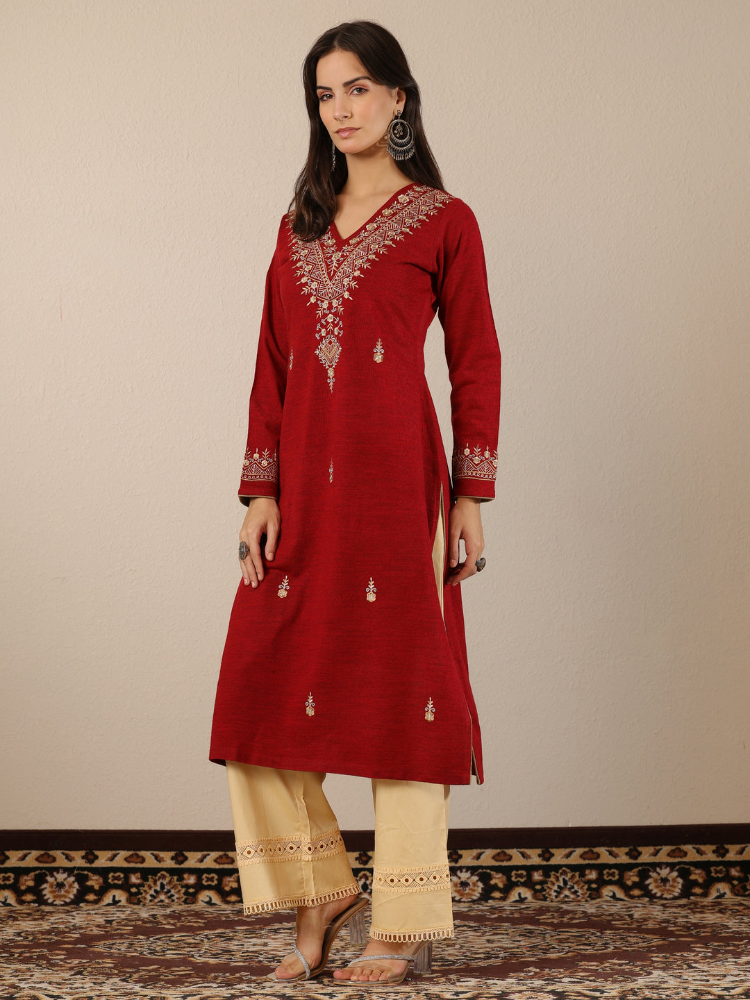  Red Embroidered Wool Straight Kurta 