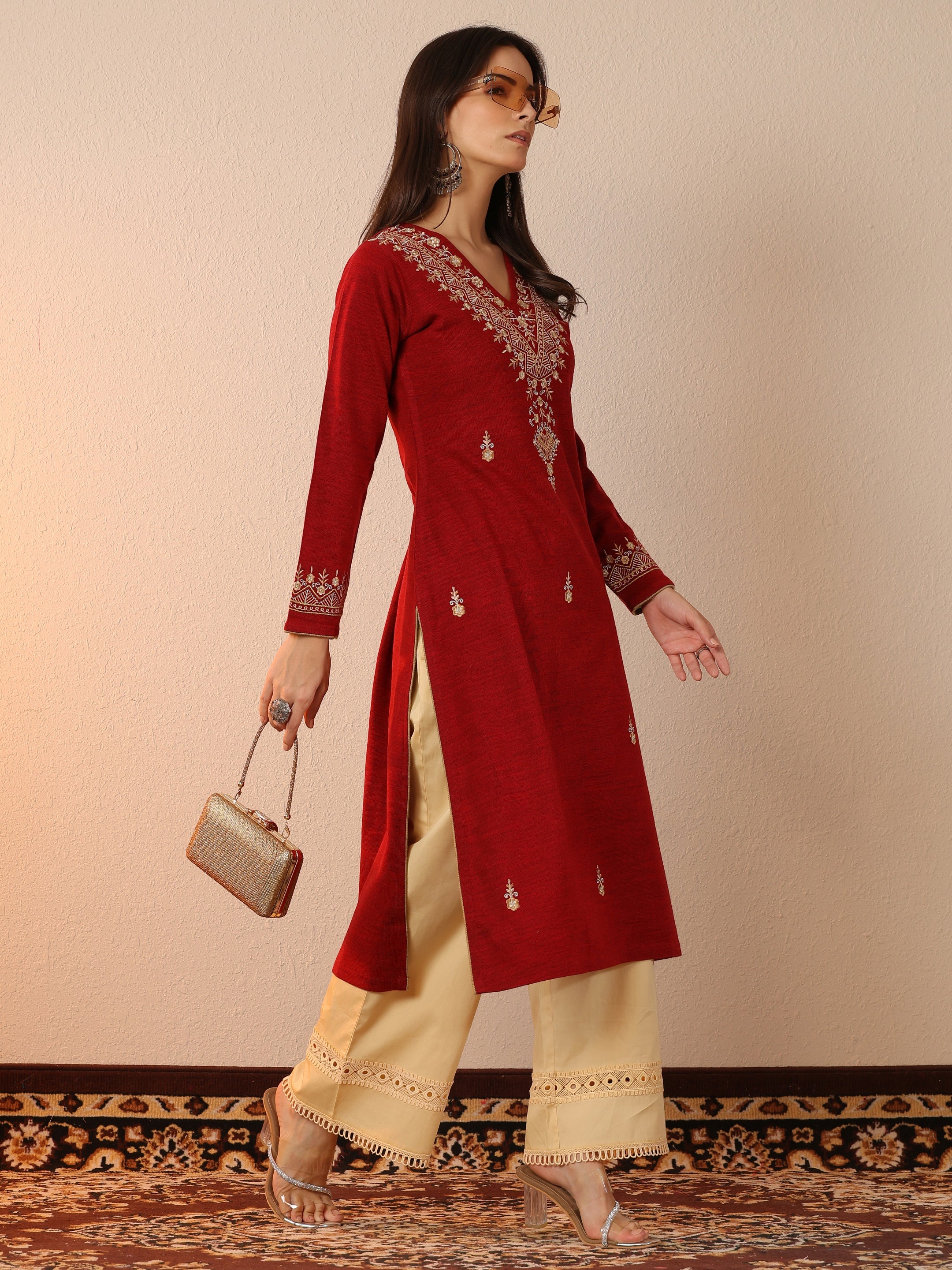 Red Embroidered Wool Straight Kurta-image-48