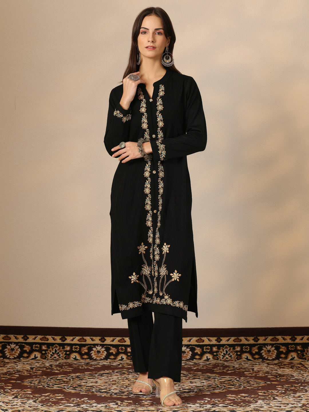  Black Embroidered Wool Straight Kurta 